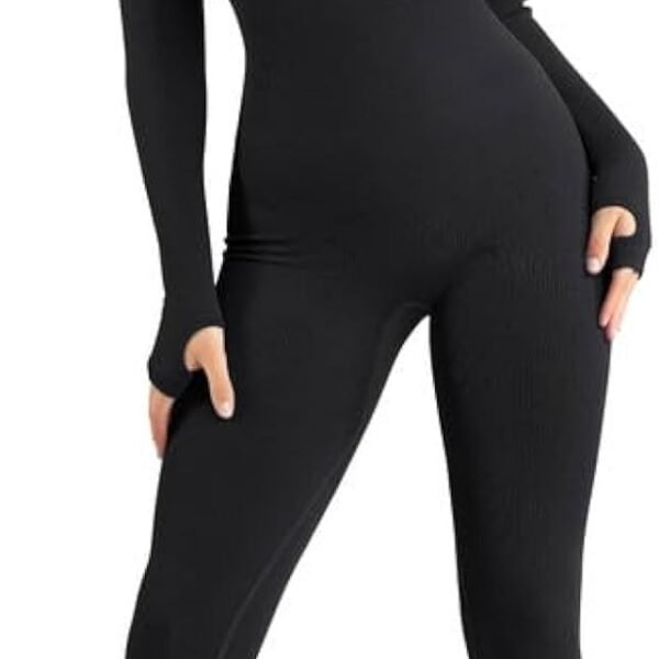 Jumpsuits for Women Long Sleeve Built-In Bra Square Neck Full Length Leggings Bodycon Stretch Workout Outfits