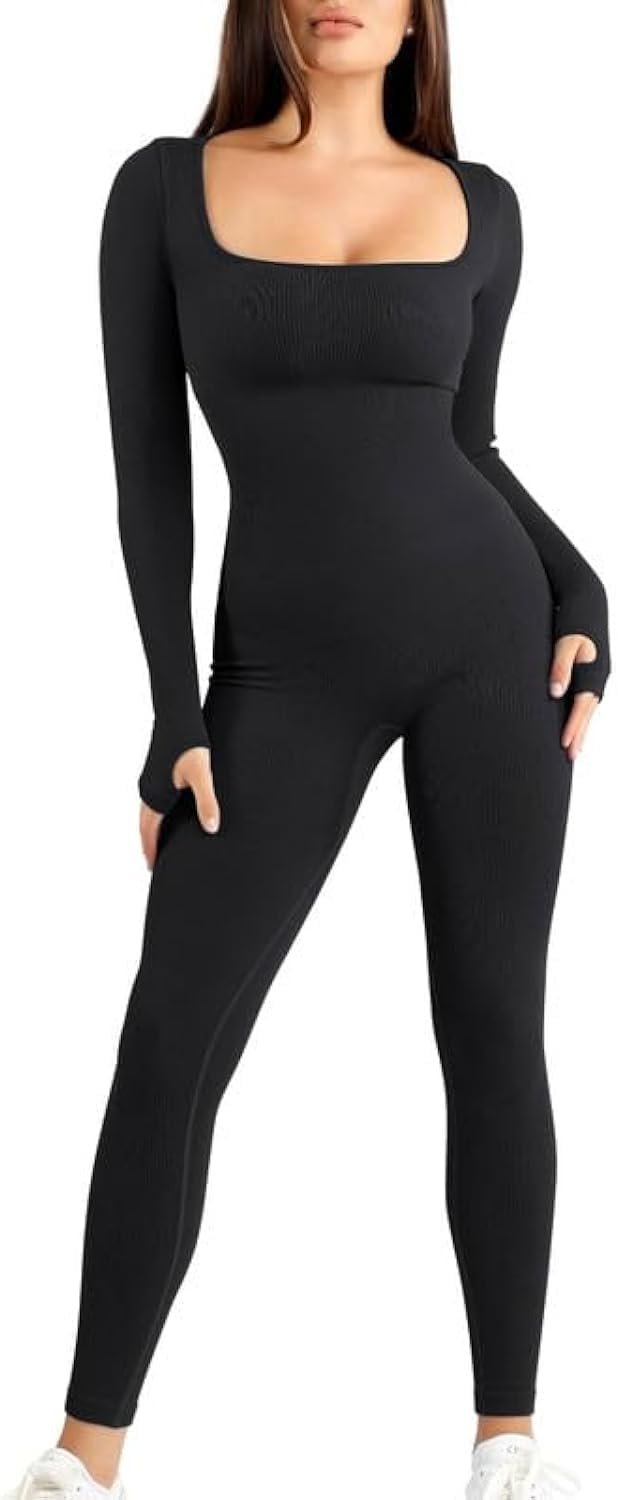 Jumpsuits for Women Long Sleeve Built-In Bra Square Neck Full Length Leggings Bodycon Stretch Workout Outfits