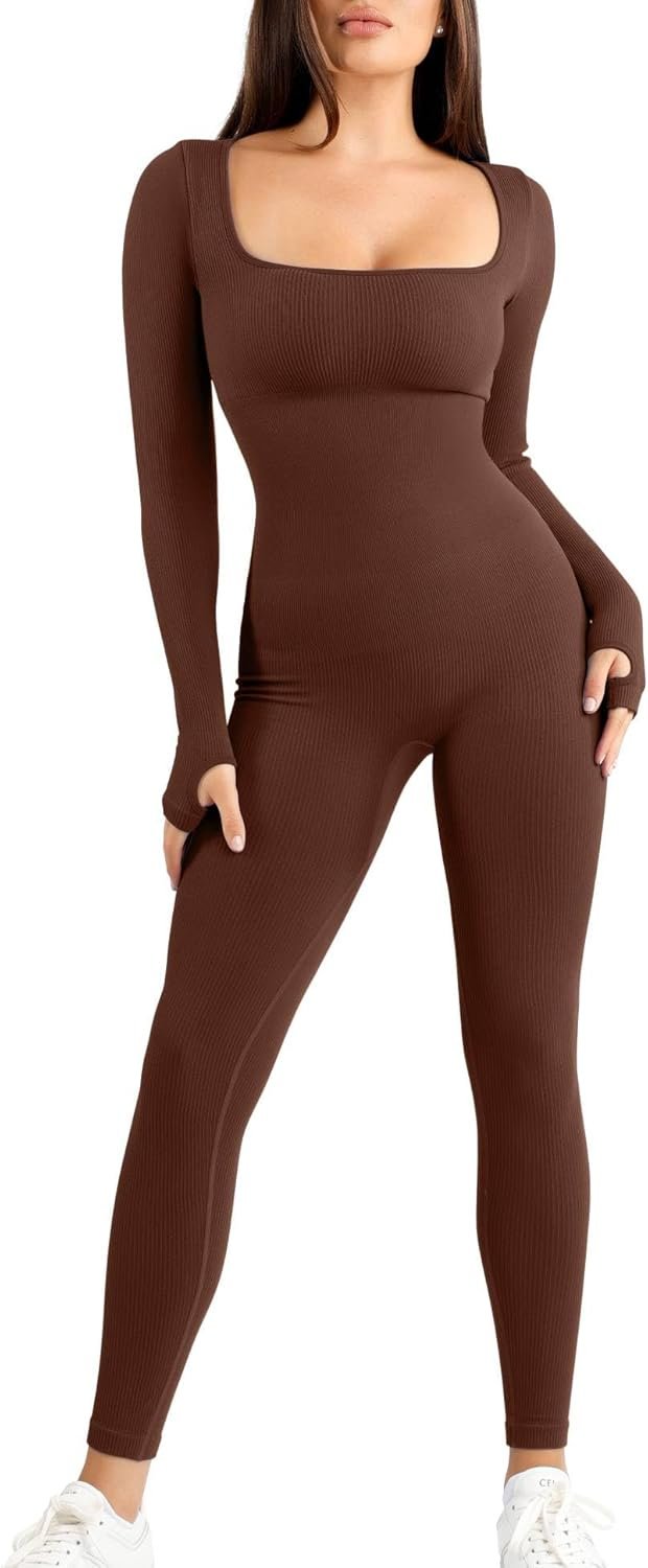 Jumpsuits for Women Long Sleeve Built-In Bra Square Neck Full Length Leggings Bodycon Stretch Workout Outfits - Image 2