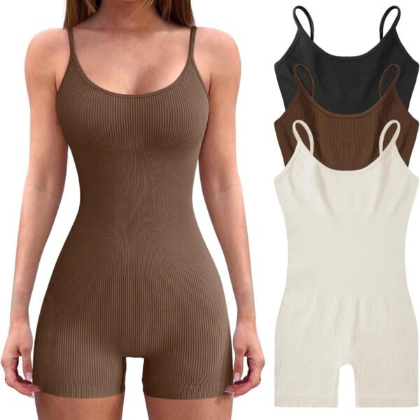 3pcs Women’s Bodysuit Yoga Workout Romper One Piece Outfits Ribbed Sleeveless Going Out Bodycon Jumpsuit Shorts