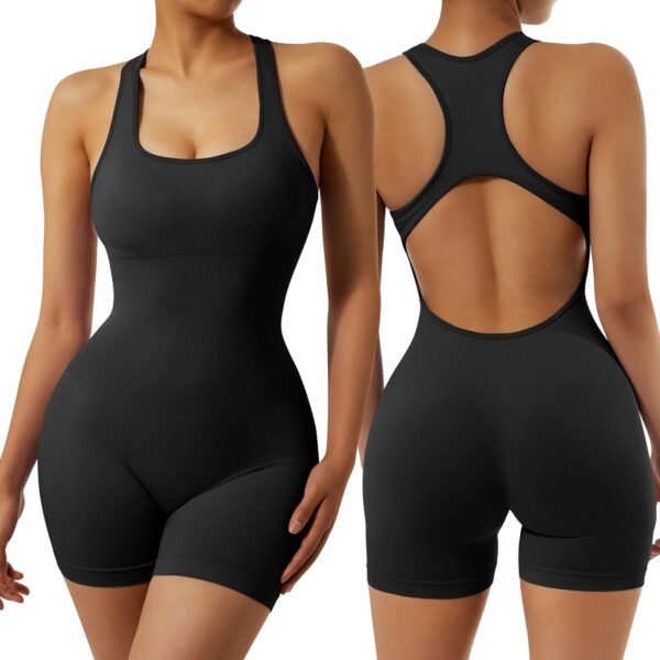 Women's Sexy Sleeveless Yoga Jumpsuits Shorts Bodysuit One Piece Deep Scoop Neck Backless Bodycon Jumpsuits